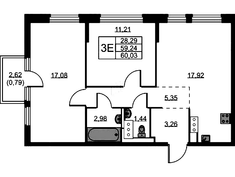 2-комнатная квартира 60.03 м², 11/11 эт., ЖК «Новое Колпино»